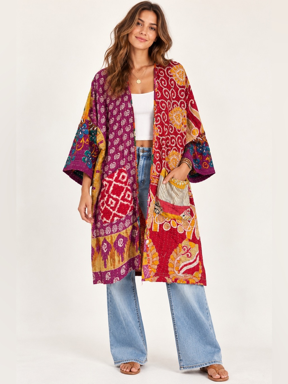 Rahab’s Rope Colorful Mixed Print Patchwork Quilted Kimono Duster OSFM NWT